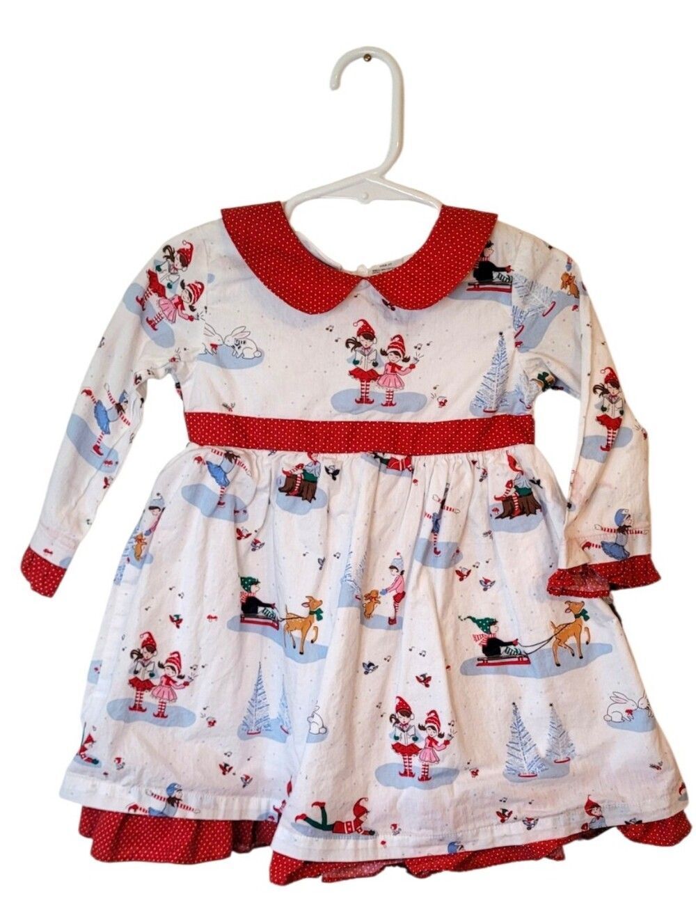 Blueberri Boulevard Girls Vintage Holiday Print Dress with Red Polka Dot Trim 3T